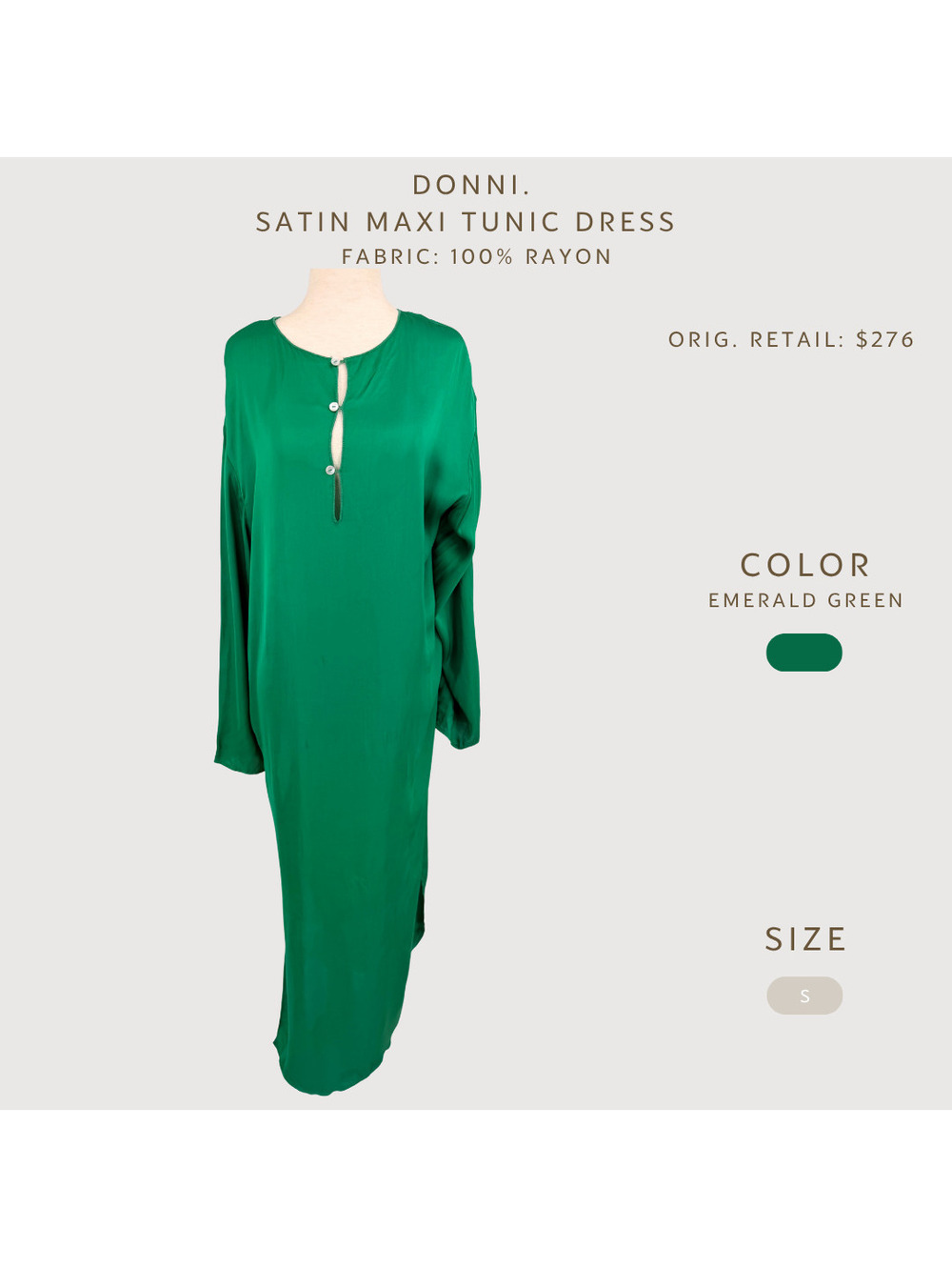 Donni Satin Maxi Tunic Dress Emerald Green Size S - Picture 2 of 9